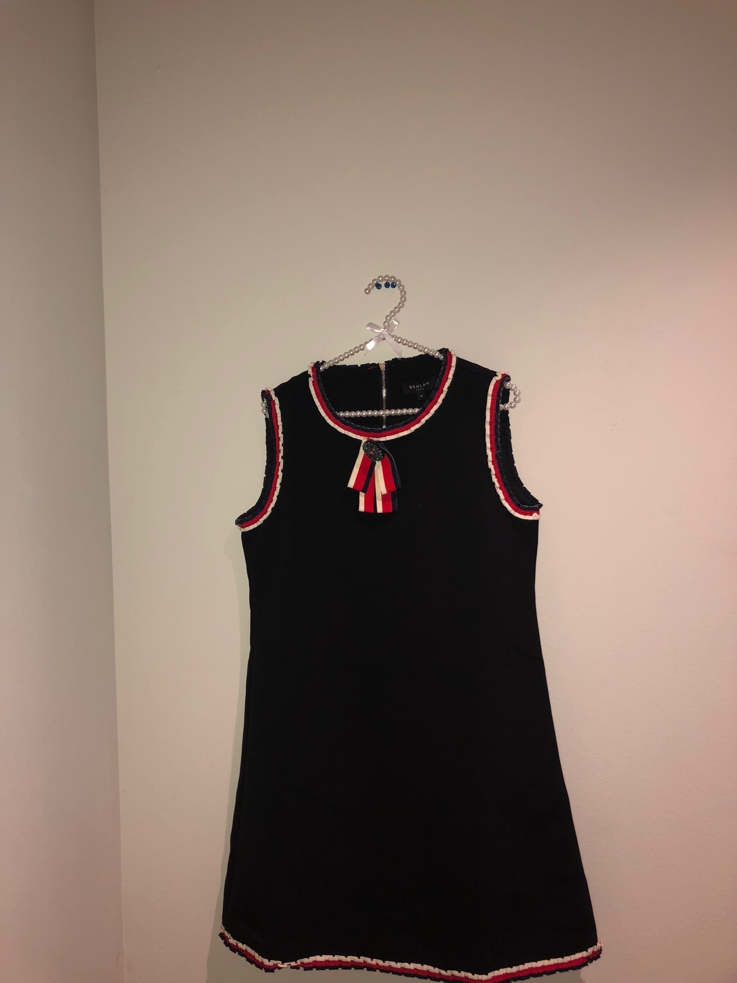 Classic Black Sleeveless Shift Dress With Red & White Trim